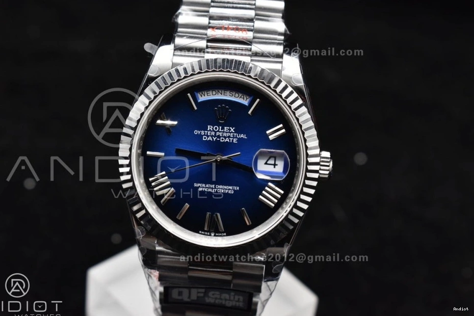 904L A2836 (Gain DayDate Dial SS Weight) President 40 V4 on Black Best Edition Steel Bracelet Blue QF 0503